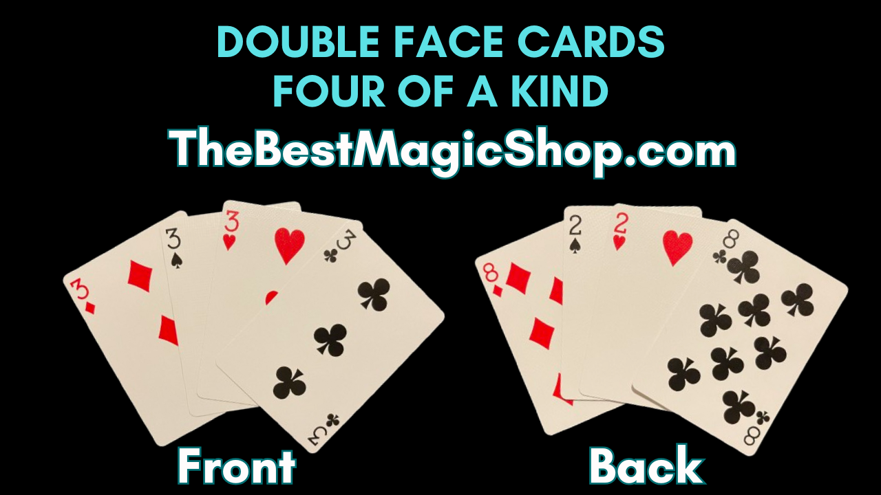 Double-sided playing cards, showing a four-of-a-kind (3 of clubs, diamonds, hearts, and spades) on the front and different cards on the back.