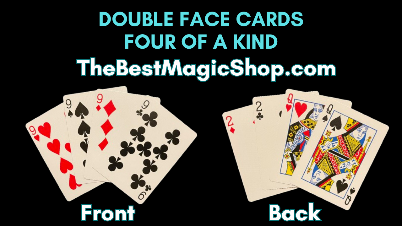 Double-sided playing cards, showing a four-of-a-kind (9 of clubs, diamonds, hearts, and spades) on the front and different cards on the back.