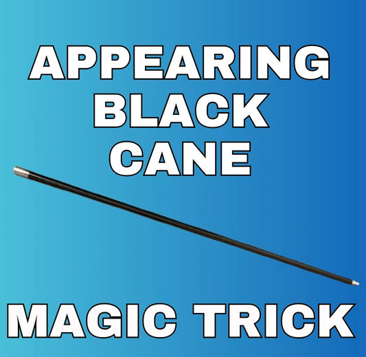 A black magic cane appears diagonally against a blue gradient background, with bold white text reading APPEARING BLACK CANE above and MAGIC TRICK below—one of the stunning magic tricks you can buy for your next performance.