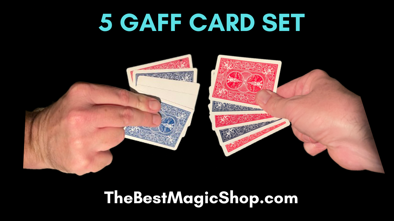 Two hands hold five playing cards each, with blue cards on the left and red cards on the right. Text above reads “5 GAFF CARD SET,” while below, “The best magic shop—TheBestMagicShop.com” appears on a black background.