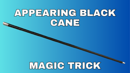 A black magic cane appears diagonally against a blue gradient background, with bold white text reading APPEARING BLACK CANE above and MAGIC TRICK below—one of the stunning magic tricks you can buy for your next performance.