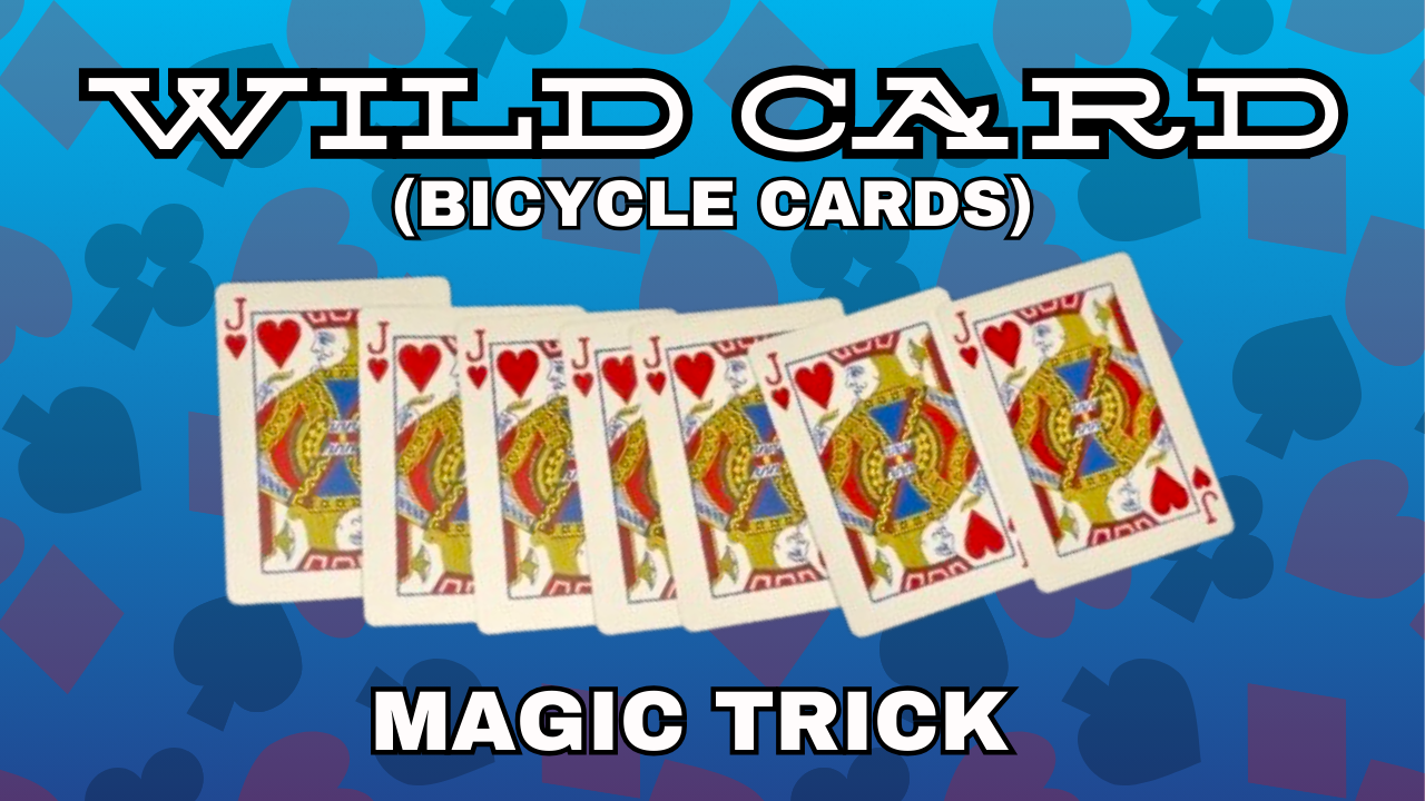 Seven playing cards are fanned out: six Jack of Hearts and one Queen of Clubs, set against a blue background with card suit symbols. Text reads Wild Card (Bicycle Cards) Magic Trick from The Best Magic Shop.
