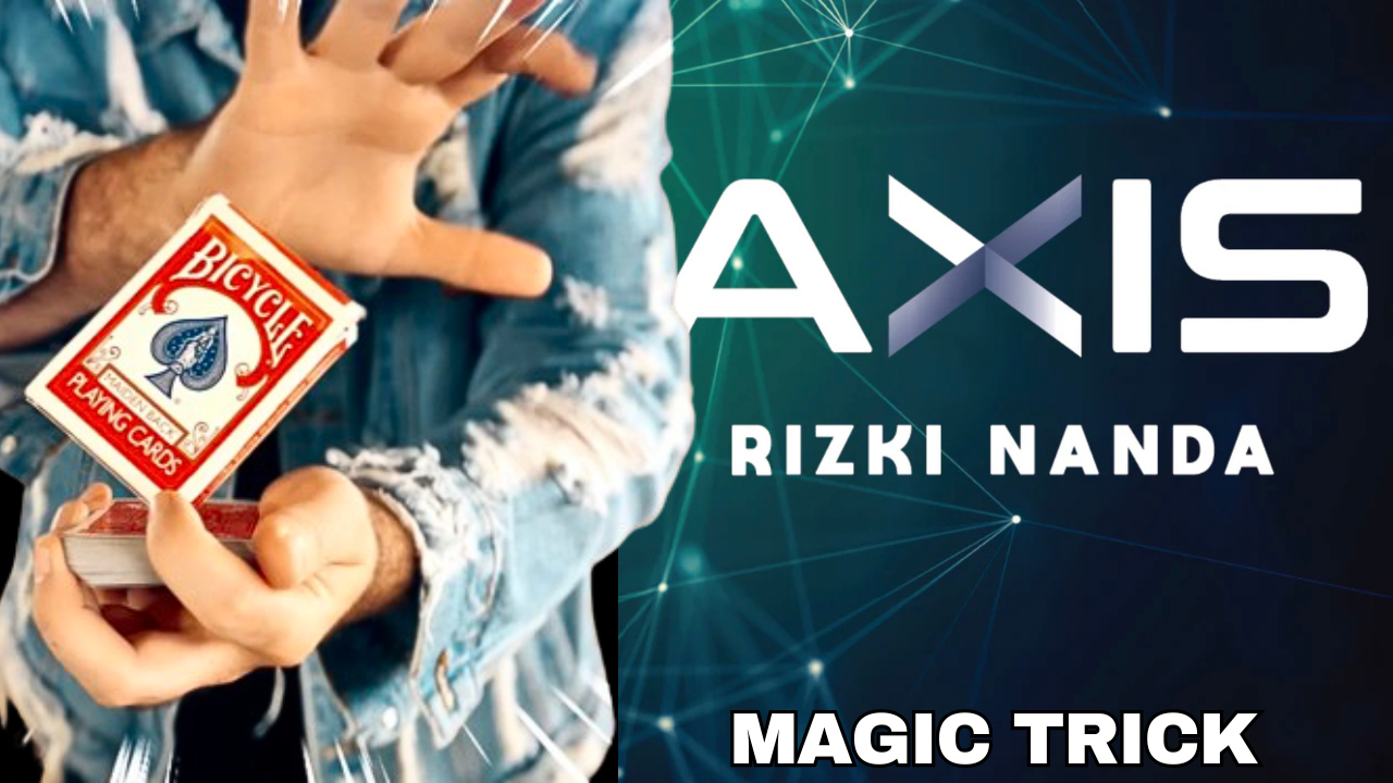 A person in a denim jacket performs a card trick with a deck of Bicycle playing cards. The text reads AXIS RIZKI NANDA MAGIC TRICK on a digital, tech-inspired background, showcasing magic tricks you can buy.