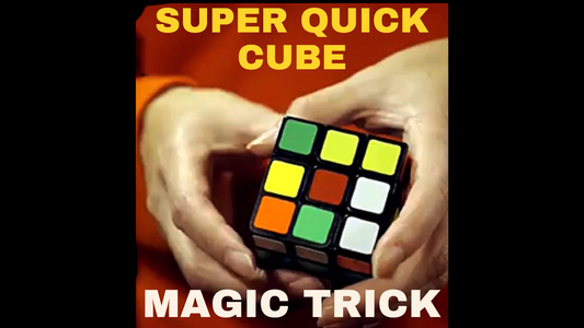 Close-up of hands holding a partially solved Rubik’s Cube, with the text SUPER QUICK CUBE MAGIC TRICK in bold yellow and white letters—perfect for showcasing magic tricks you can buy.