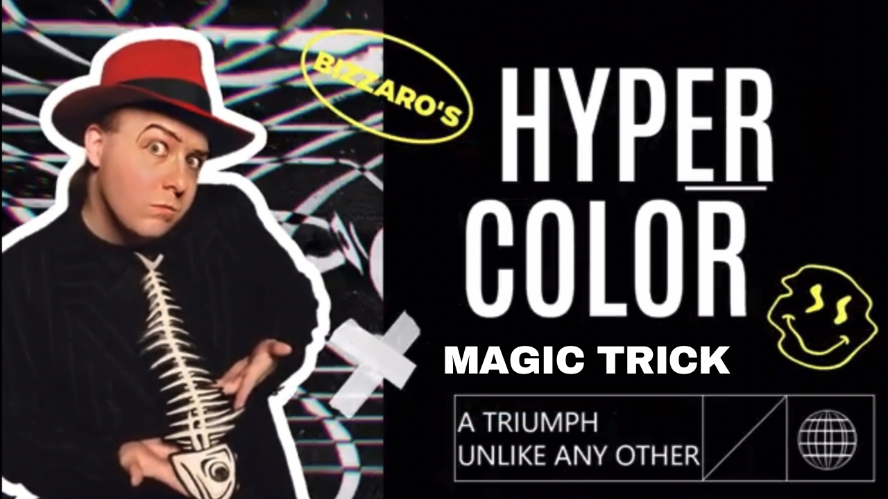 Retro-styled graphic with "Hyper Color" text in layered, vibrant colors, and a gridded background.