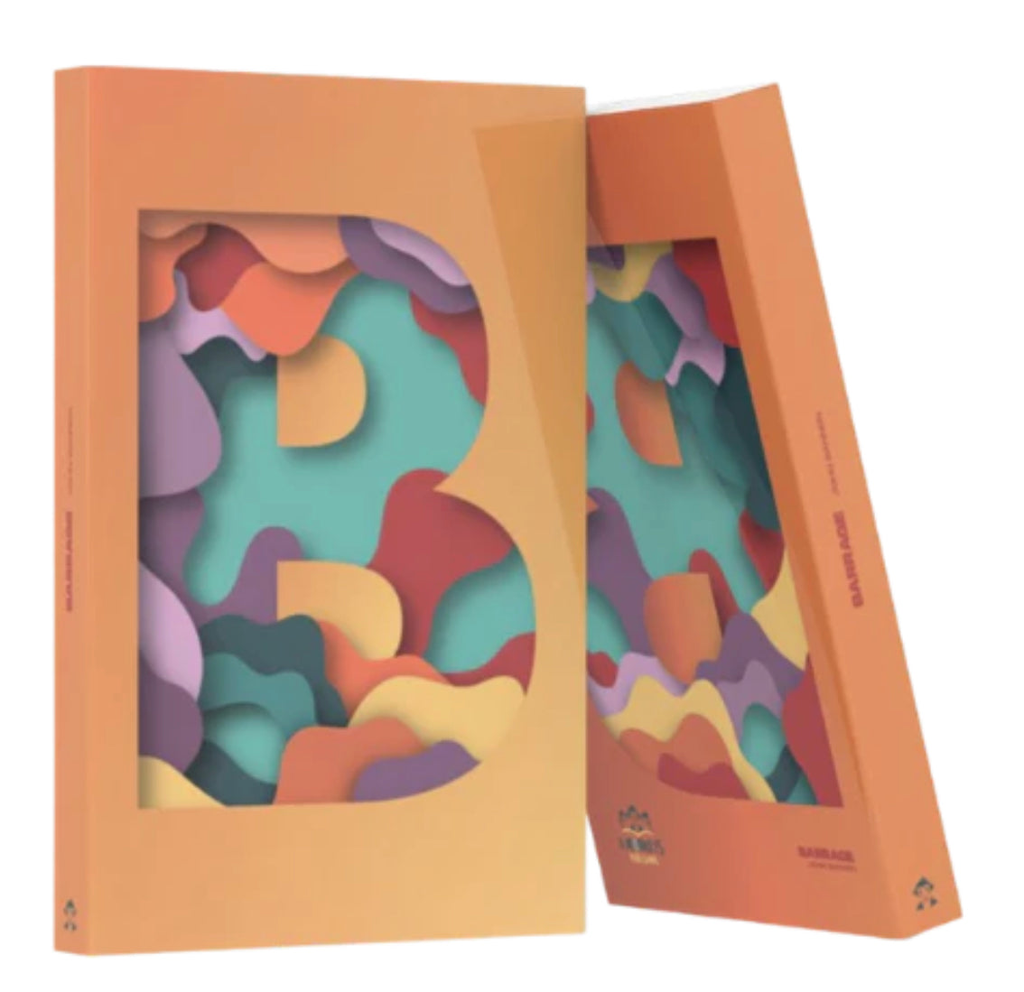Two orange-toned boxes featuring a large, layered, colorful "B" cut-out design.