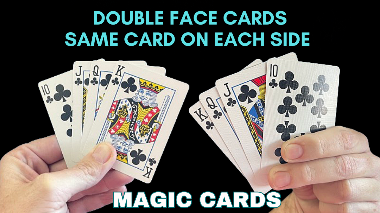 Hands holding a stack of double-faced playing cards, showcasing the same card on both sides, a magic card trick demonstration.