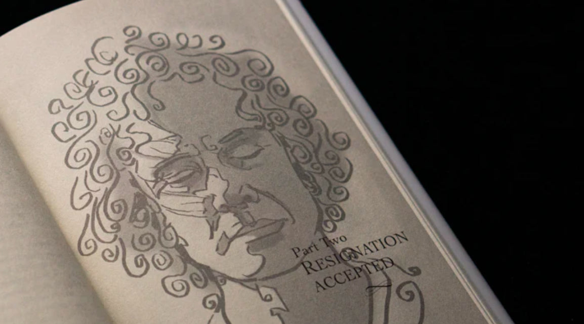 Hardcover book titled "Resigned to Miracles" featuring a stylized portrait with playing cards and decorative swirls illustration.