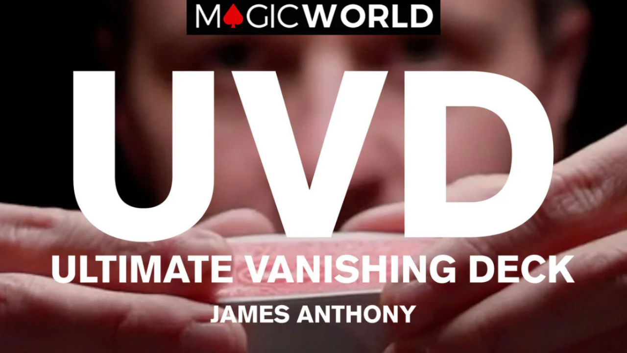 Close-up of hands holding a deck of cards, promoting the "UVD Ultimate Vanishing Deck" by James Anthony.