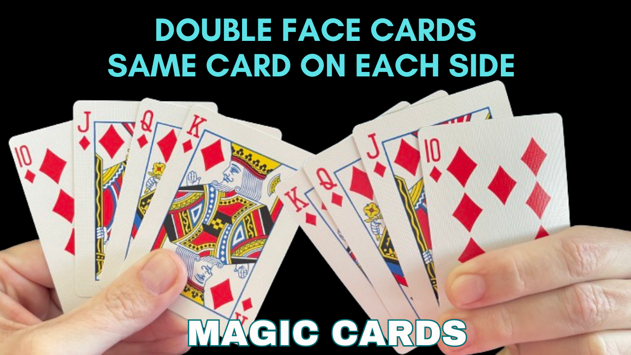 Hands holding a fan of double-sided playing cards, showcasing the same card on both sides, a magic card demonstration.