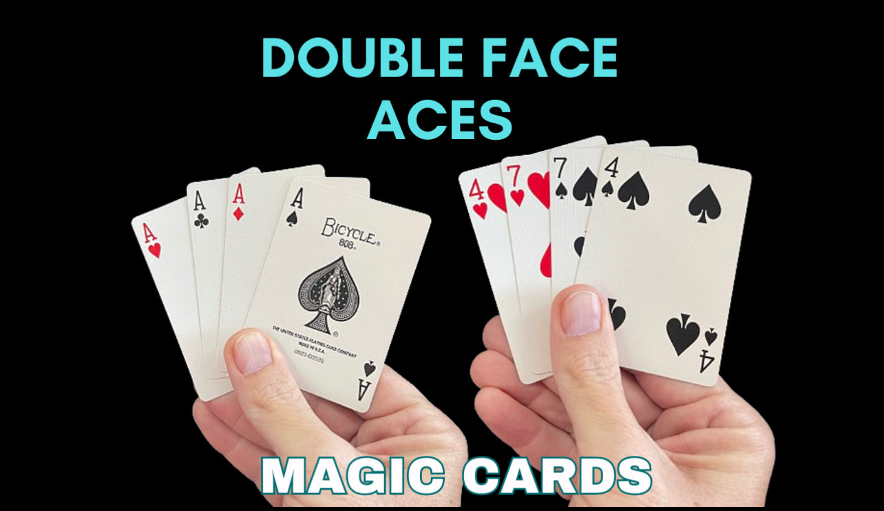 Double-sided playing cards, showing a four-of-a-kind (Ace of clubs, diamonds, hearts, and spades) on the front and different cards on the back.