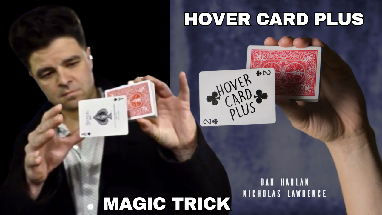 Hand holding two playing cards, one a promotional card with "HOVER CARD PLUS" text, the other a standard red playing card.