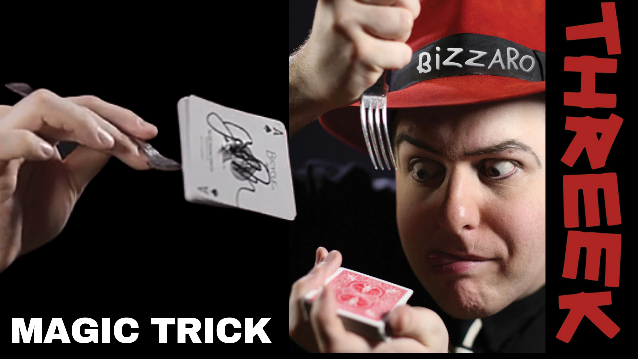 Magician with red hat, holding a playing card, using a fork, performing a magic trick.