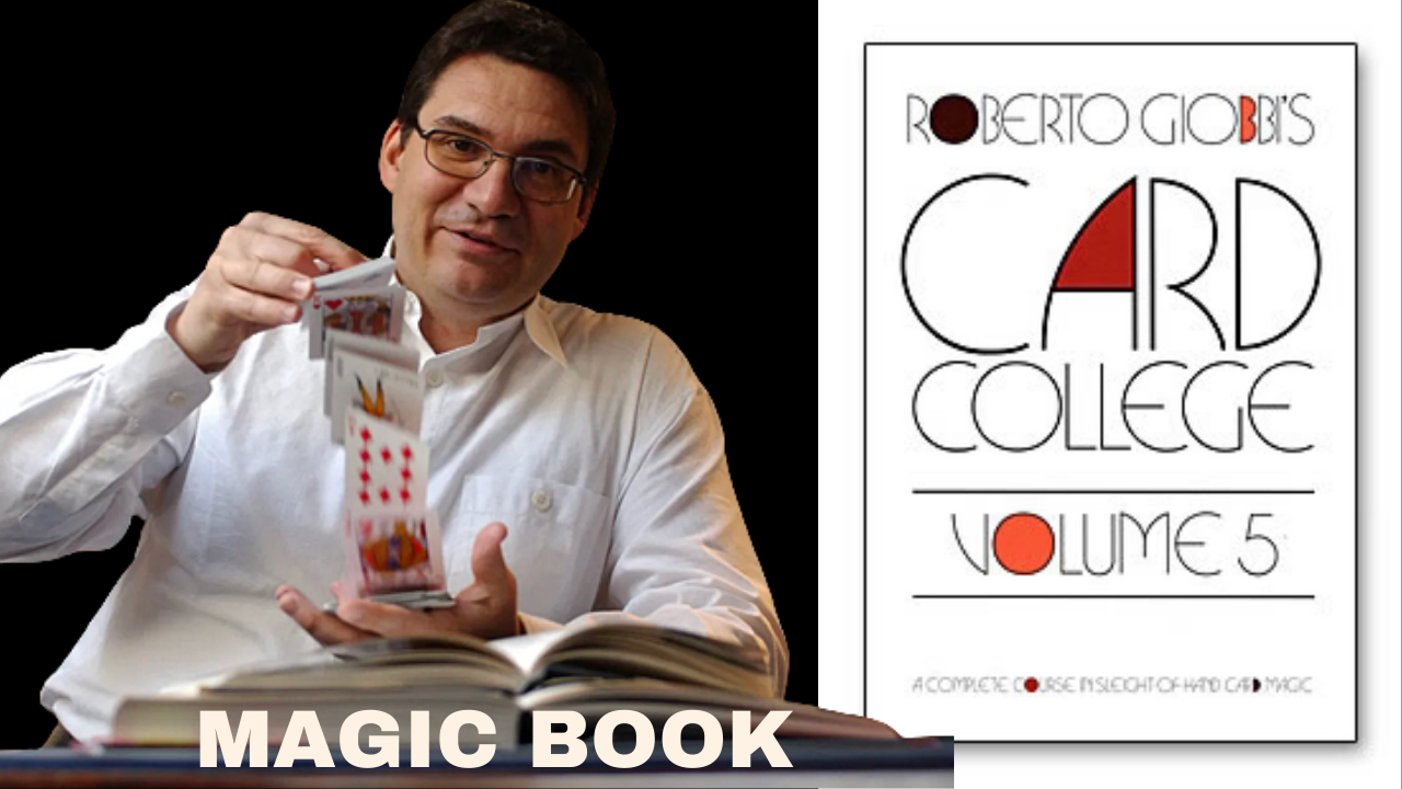 Magician Roberto Giobbi performing card magic, next to a book titled "Card College Volume 5".