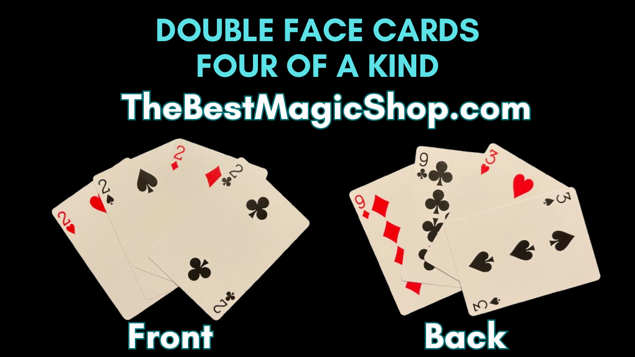 Double-sided playing cards, showing a four-of-a-kind (2 of clubs, diamonds, hearts, and spades) on the front and different cards on the back.