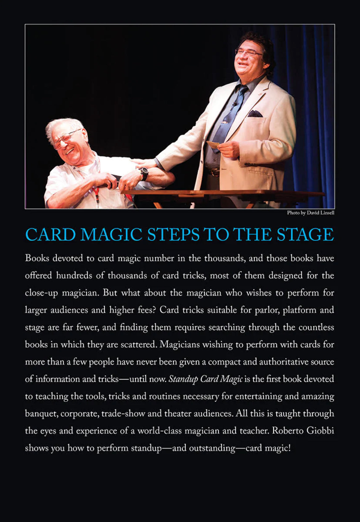 Hardcover book cover for "Stand Up Card Magic" by Roberto Giobbi, featuring card magic techniques for parlor and stage performances. Showing back of book