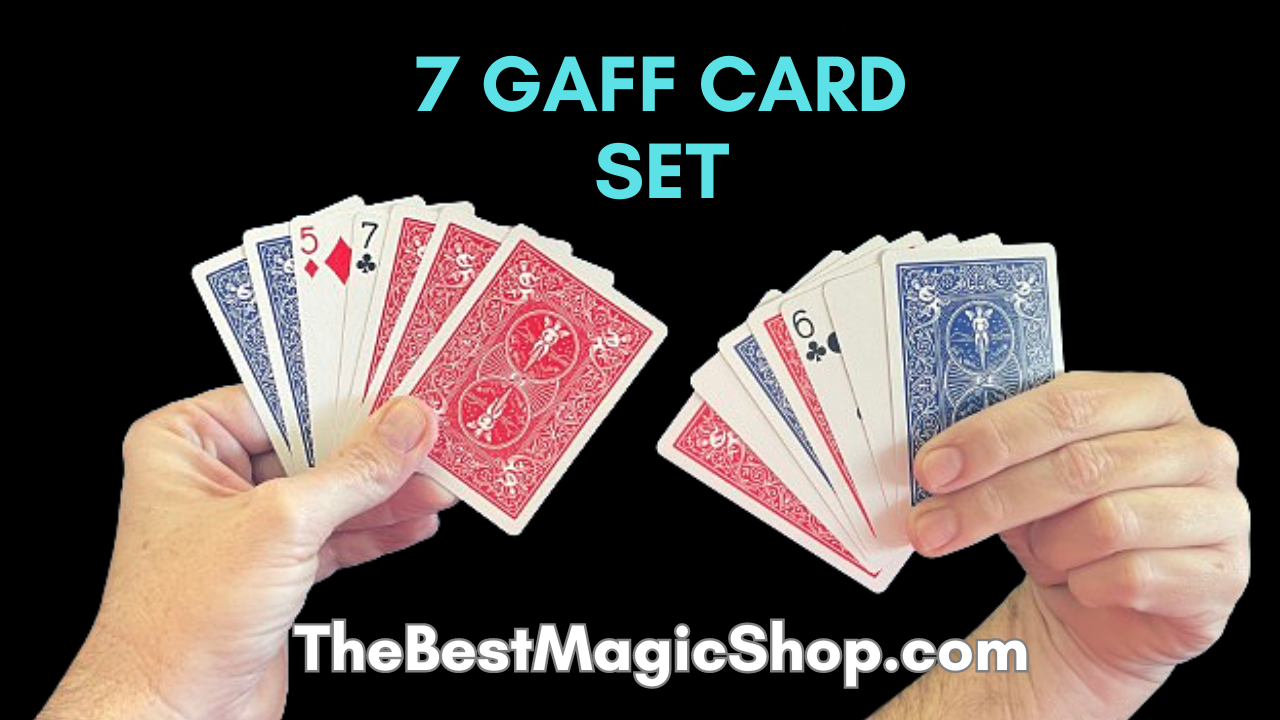 Two hands hold fanned playing cards with mixed red and blue backs. Text above reads 7 GAFF CARD SET. Below, The Best Magic Shop is displayed on a black background.