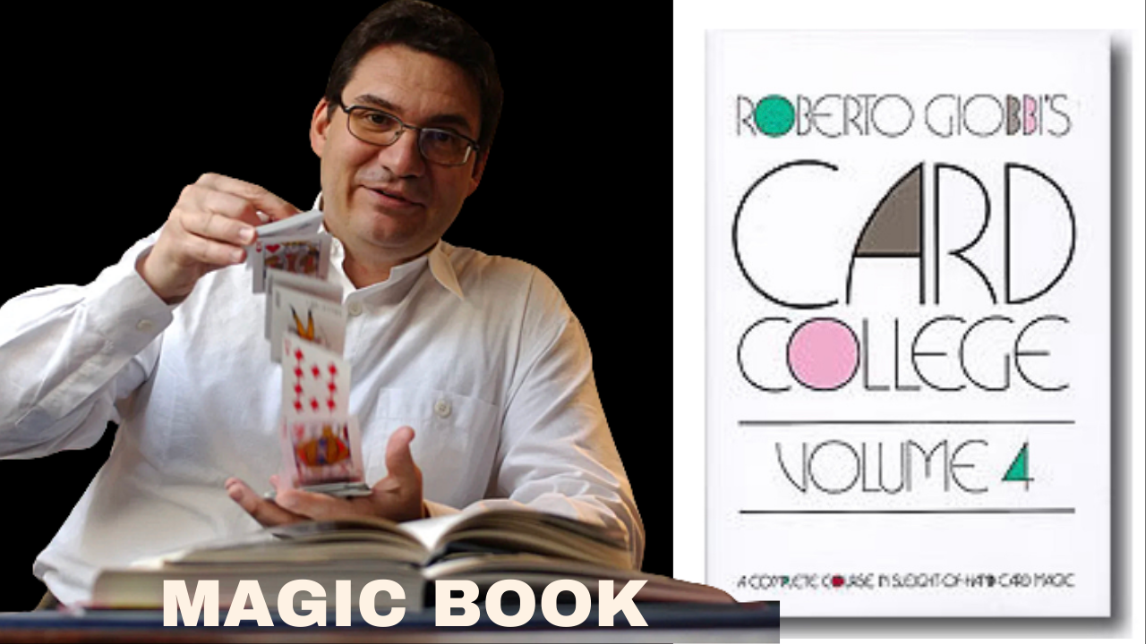 Magician Roberto Giobbi performing card magic, next to a book titled "Card College Volume 4".