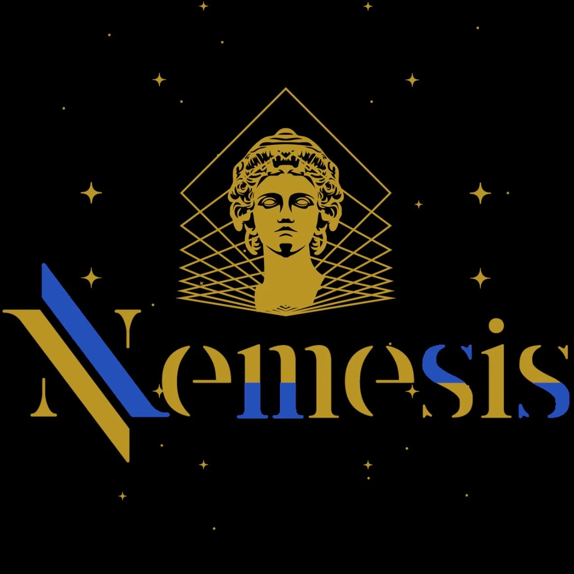 Gold stylized head of a classical statue overlaid with geometric patterns, set against a black background, with the word "Nemesis" in gold and blue stylized lettering.