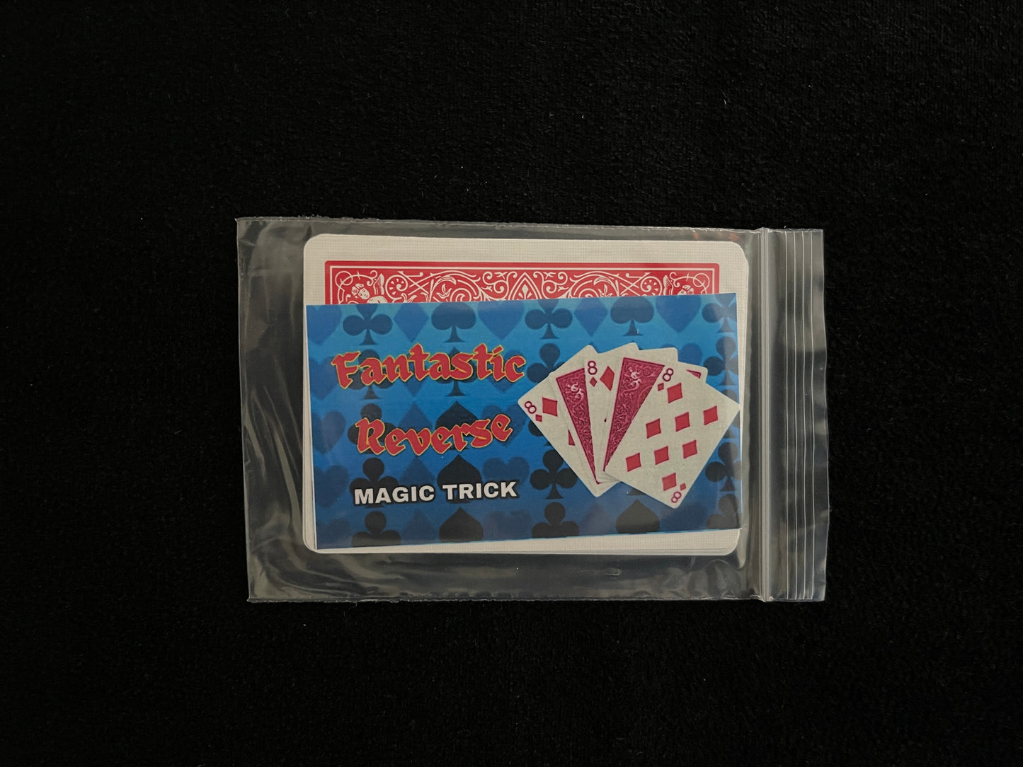 Fantastic Reverse magic trick featuring overlapping playing cards with the number eight in a plastic ziplock bag.