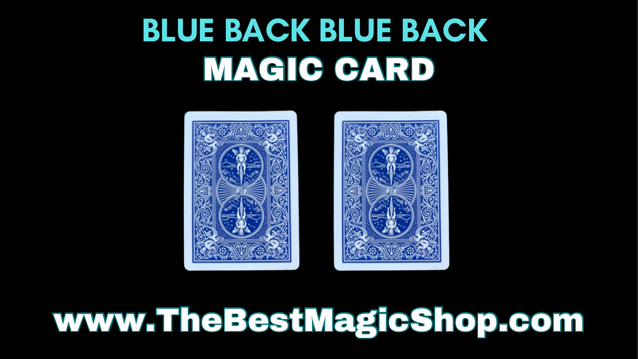 Two identical blue-backed magic playing cards are displayed against a black background.