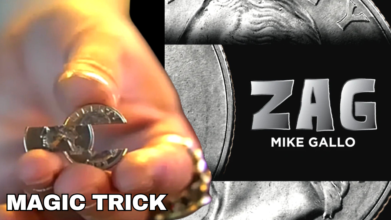Hands performing “Zag” magic trick by Mike Gallery with a zig zag coin, showcasing the magic trick coin.