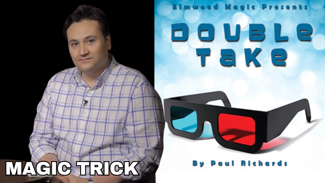 Man in plaid shirt, discussing a magic trick, "Double Take," featuring 3D glasses.