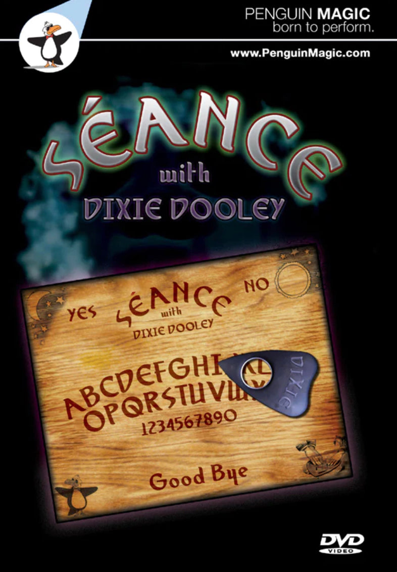 A magician performing a séance, featuring an Ouija board and other mystical props, for a magic Seance DVD. Cover image