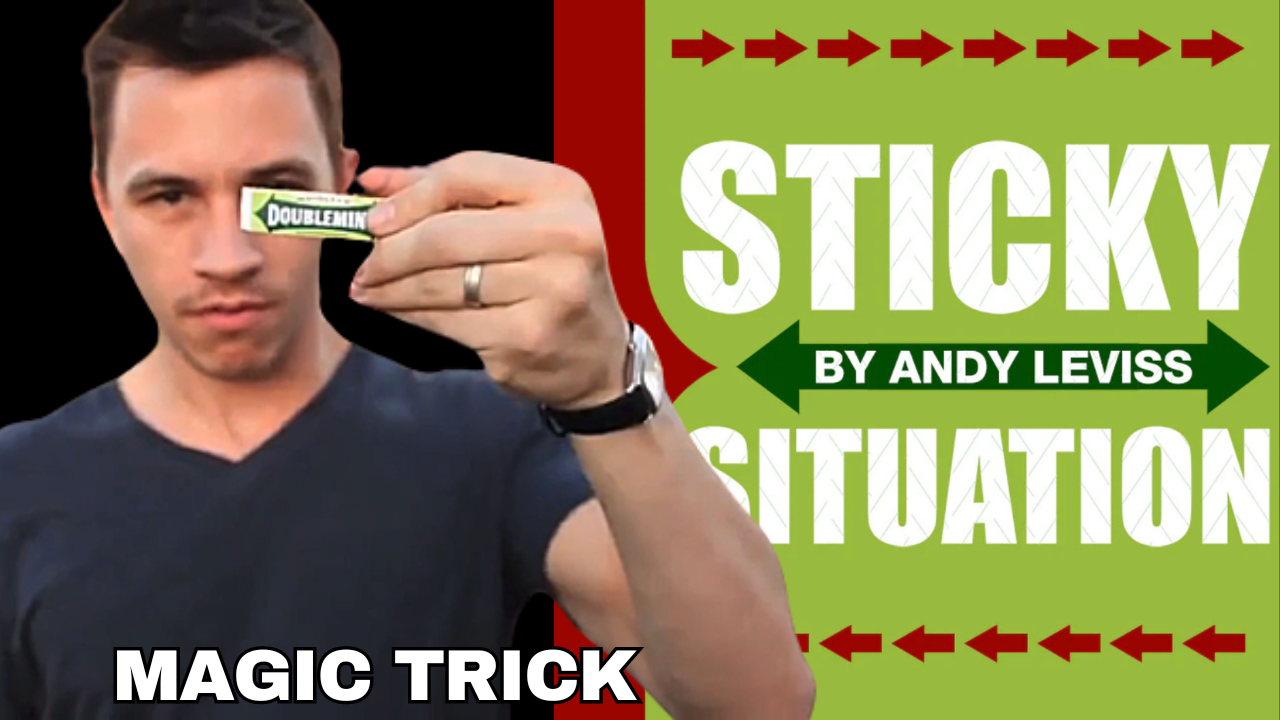 Sticky Situation magic trick cover by Andy Leviss, featuring large white text on a light green background with red accents and directional arrows.