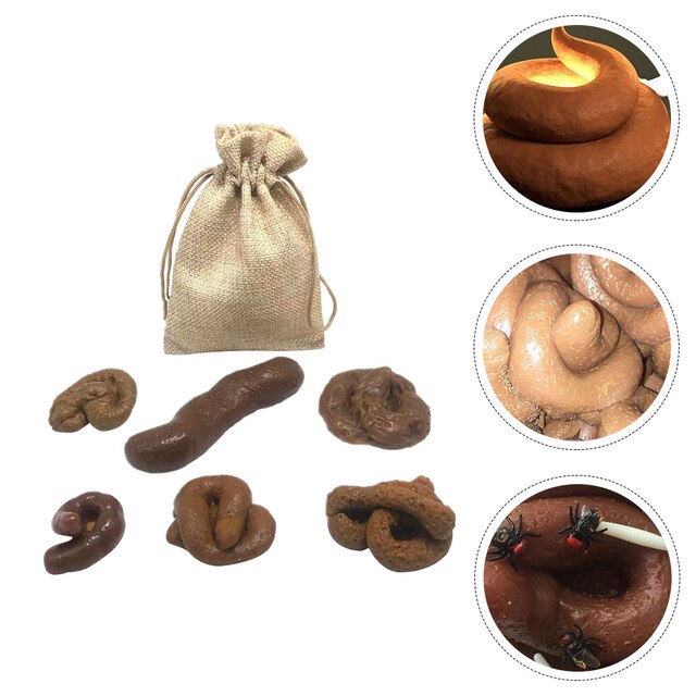 Assorted brown, molded poop-shaped figurines in a beige burlap drawstring bag.
