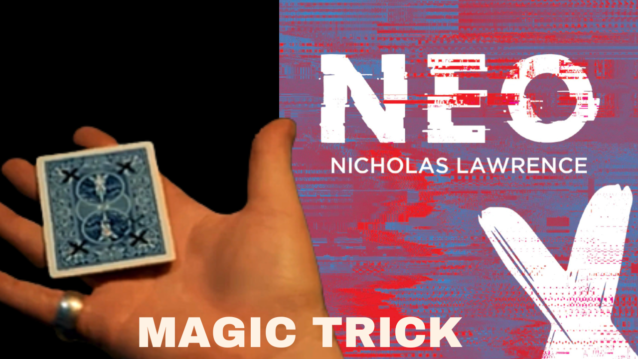 Magic trick cover for "NEO" by Nicholas Lawrence, featuring bold, white text on a background of distorted, colorful patterns.