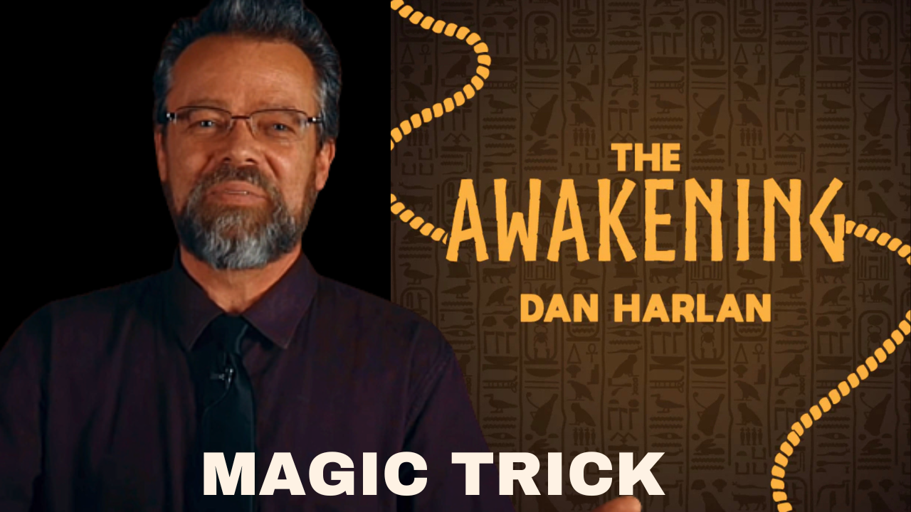 Magic trick cover for "The Awakening" by Dan Harlan, featuring stylized hieroglyphs and orange rope.
