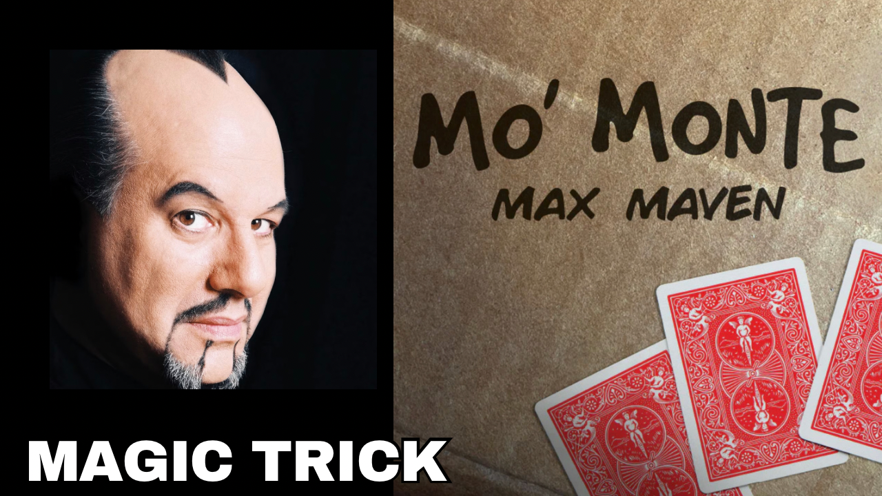 "Mo' Monte by Max Maven, title displayed over three red playing cards."