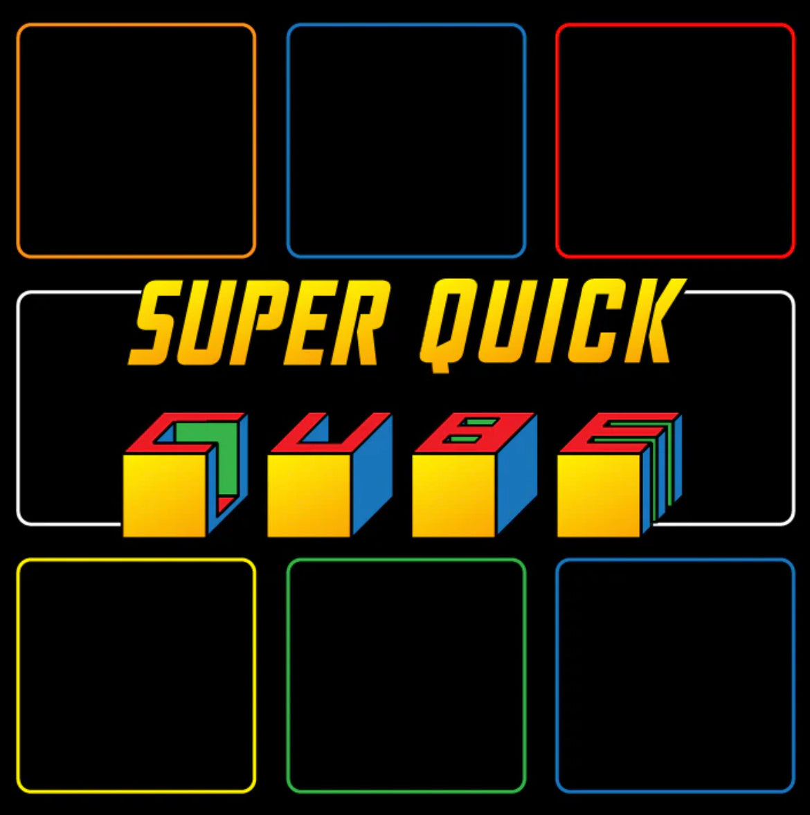 Retro video game title graphic with "SUPER QUICK CUBE" text and colorful 3D block icons.