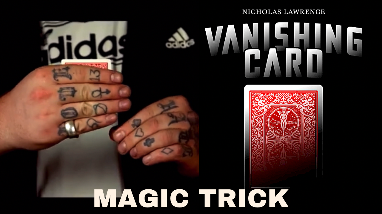 Nicholas Lawrence performing a vanishing card magic trick next to Red playing card with ornate design, featured in a magic trick titled "Vanishing Card."