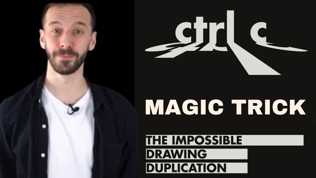 Man in white shirt demonstrating a magic trick, featuring "CTRL C" text and "THE IMPOSSIBLE DRAWING DUPLICATION" subtitles.