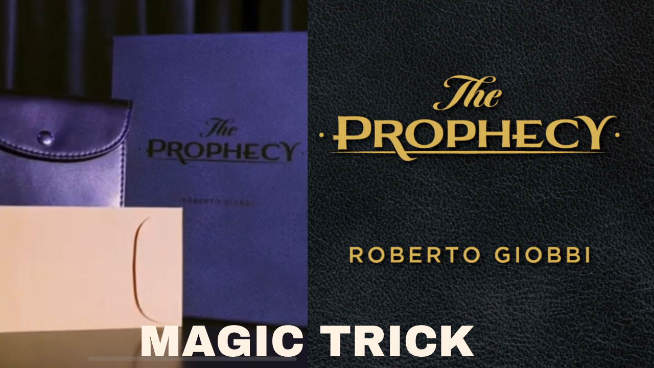 Magic trick featuring the "The Prophecy" by Roberto Giobbi, with a dark-colored book, an envelope and matching pouch.