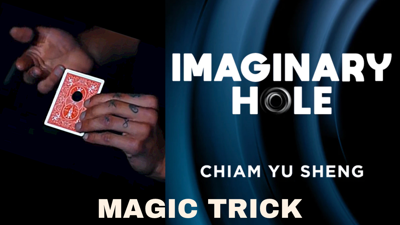 Close-up of hands performing the "Imaginary Hole" magic trick, showcasing a playing card with a hole in it.
