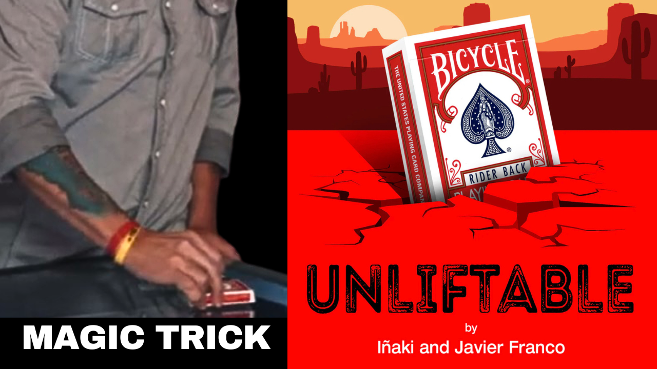 Bicycle playing cards sinking into cracked red earth, title "UNLIFTABLE" by Iñaki and Javier Franco.