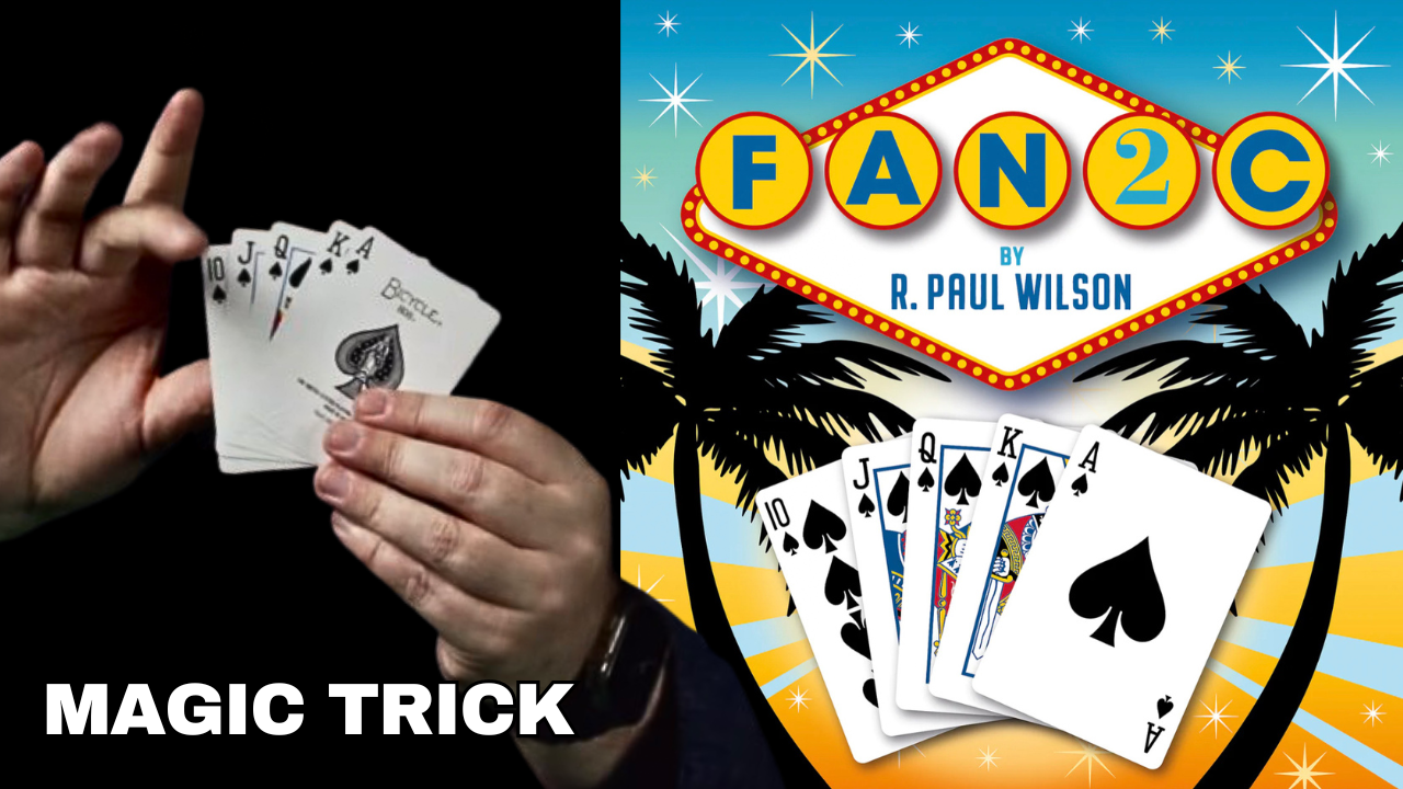 Hands performing a magic trick with playing cards, featuring a "FAN2C" book cover in the background.