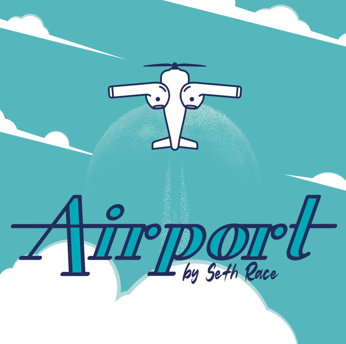 A stylized illustration of an airplane flying upward against a blue sky with clouds. The word Airport appears in large cursive, with by Seth Race below—perfect for fans of travel and magic tricks you can buy.