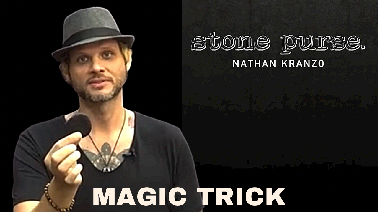 Man in a hat performing a magic trick, titled "Stone Purse" by Nathan Kranzo.
