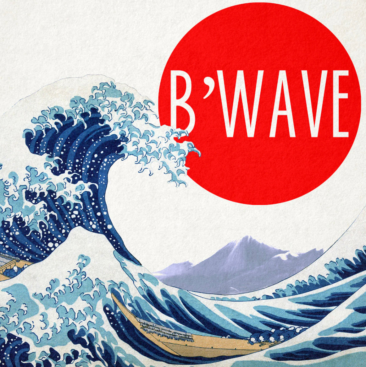 A stylized wave inspired by The Great Wave off Kanagawa rises beside a large red circle with the text BWAVE inside it, evoking the artful wonder of magic tricks you can buy. Distant mountains are visible in the background.