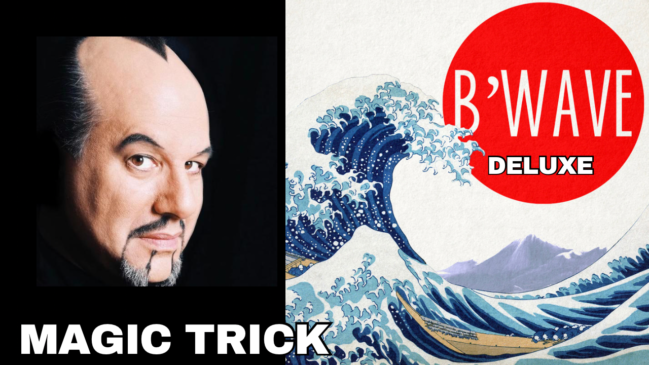 Close-up of a magician Max Maven alongside a graphic of the Great Wave off Kanagawa album cover, titled "B'Wave Deluxe."