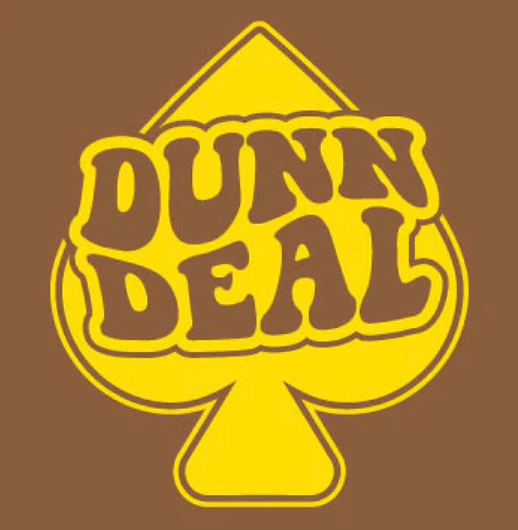 Yellow and brown logo of "Dunn Deal" in a spade shape.