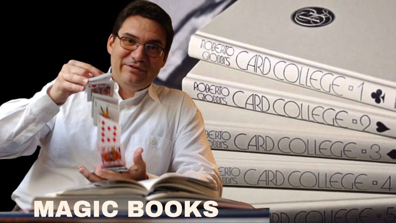 Magician Roberto Giobbi performing card magic, next to a stack of books titled "Card College".