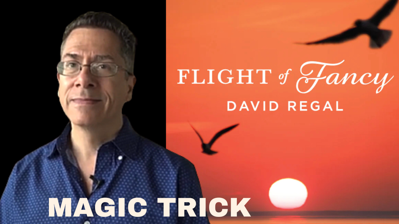 David Regal magician next to Magic trick cover for "Flight of Fancy" by David Regal, featuring a sunset over water with birds in flight.