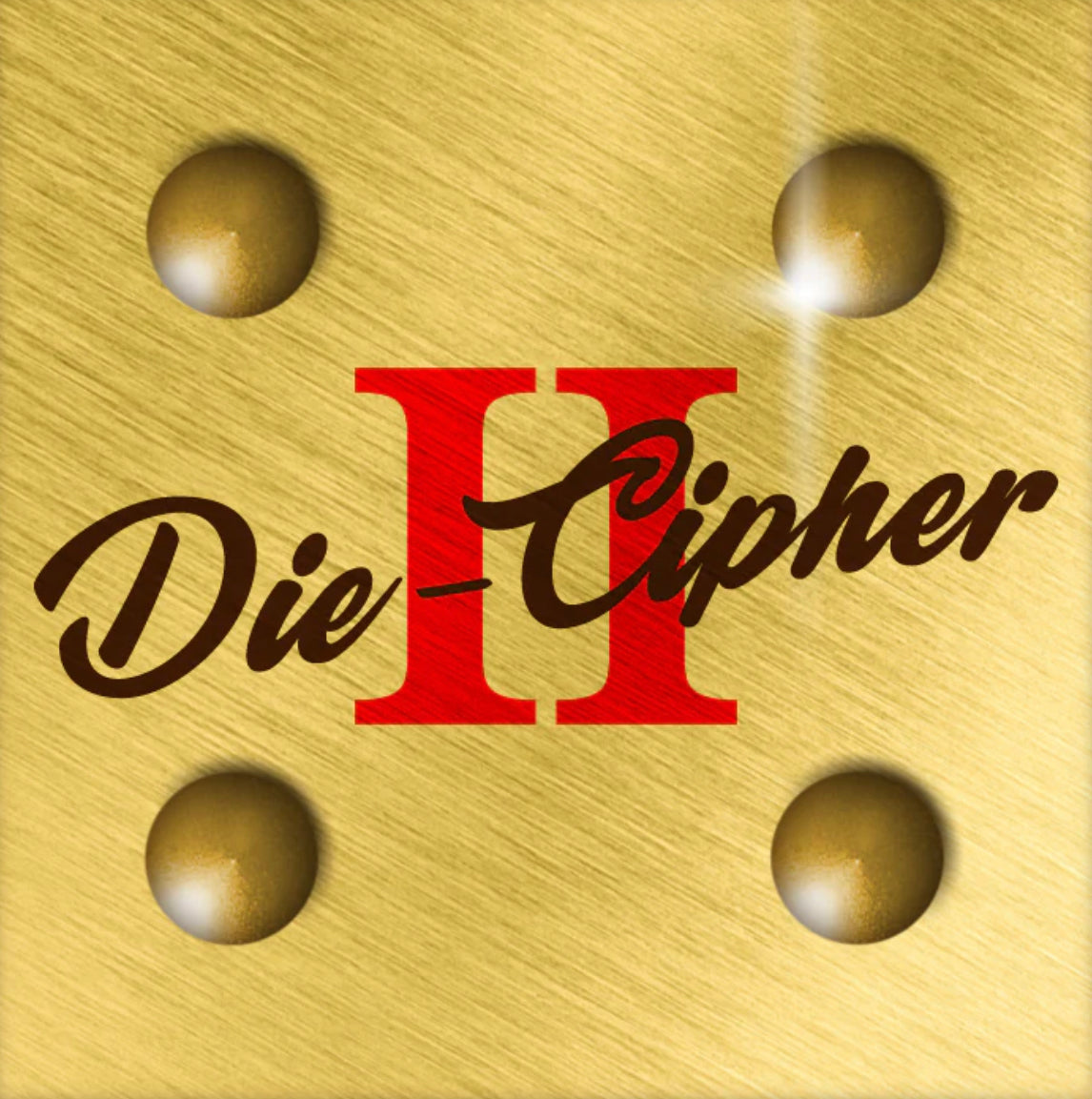 brass die-cipher magic trick components, including a die and a cup, displayed on a golden background with lettering.