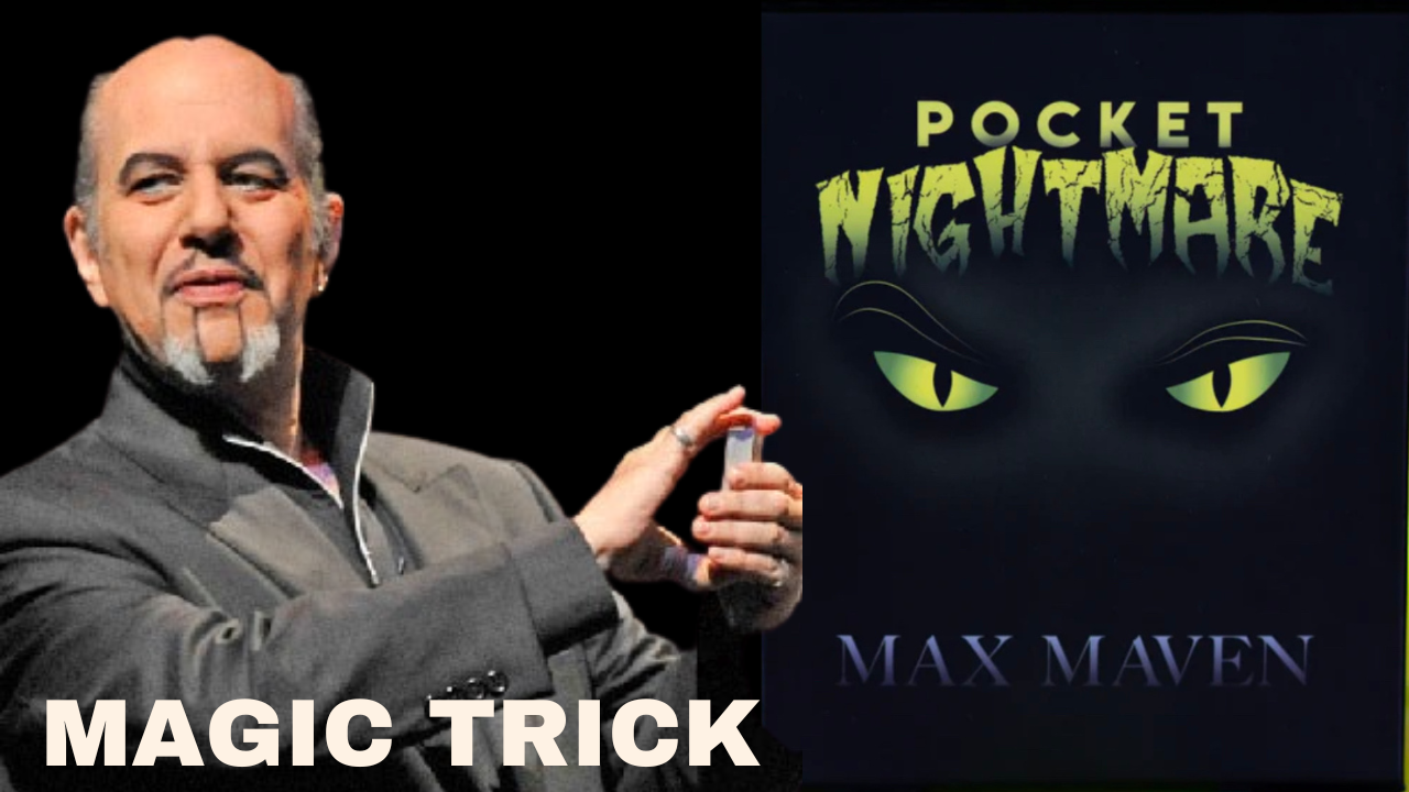 Magic trick cover for "Pocket Nightmare" by Max Maven, featuring stylized text and glowing yellow eyes.