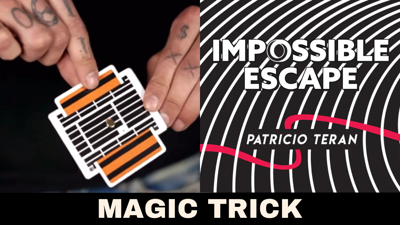 Hands manipulating a magic trick card with a small object, showcasing the "Impossible Escape" card trick by Patricio Teran.